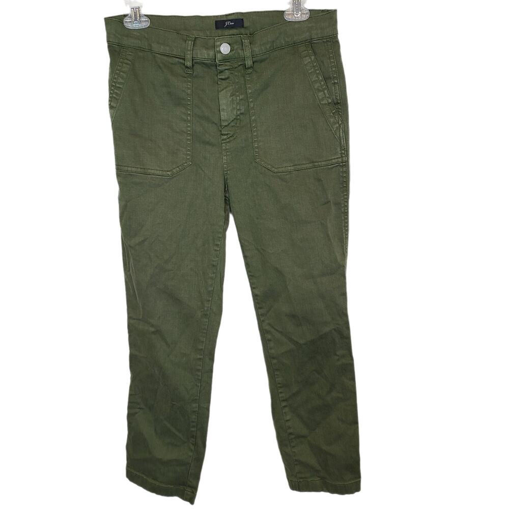 J. Crew Women Green Vintage Straight Cargo Pants 28 Green Slub Sateen High Waist
